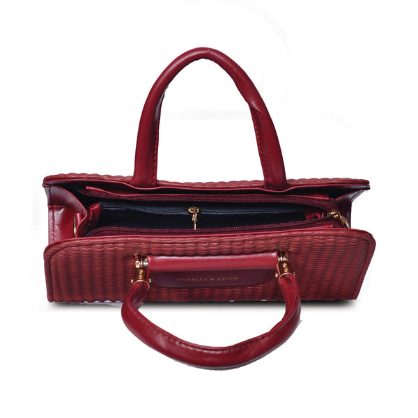 Textured Handbag with Shoulder Strap Maroon