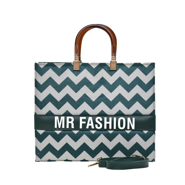 MR Fashion Zigzag Tote Bag (Green Lines)