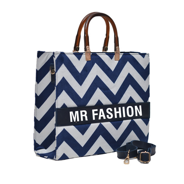 MR Fashion Zigzag Tote Bag (White & Blue)