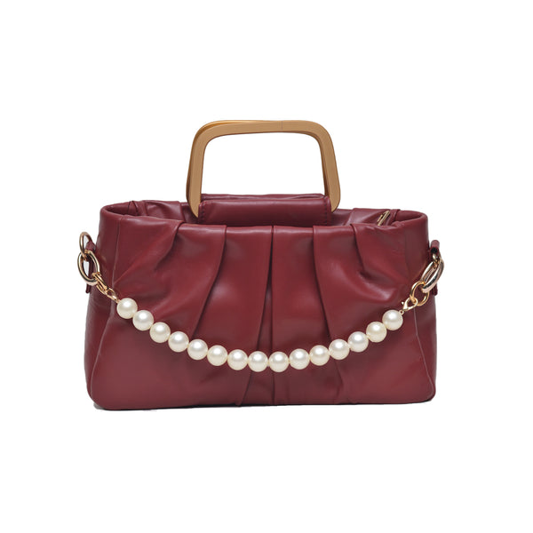 Metal Pearl Handle Bag (Maroon)