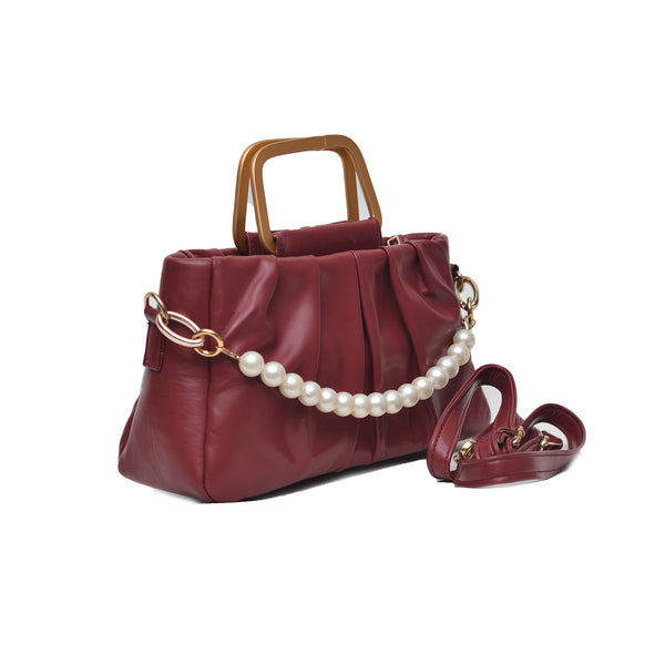 Metal Pearl Handle Bag (Maroon)