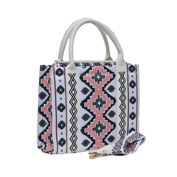 Printed PU Leather Shoulder Bag (White & Pink)