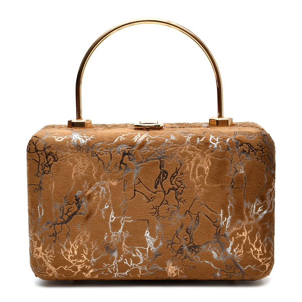 Velvet Women Wood Box Clutch (Mustard Brown)