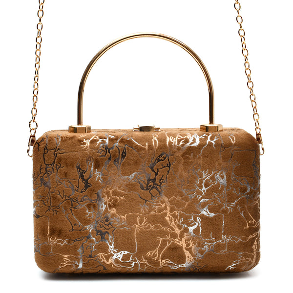 Velvet Women Wood Box Clutch (Mustard Brown)
