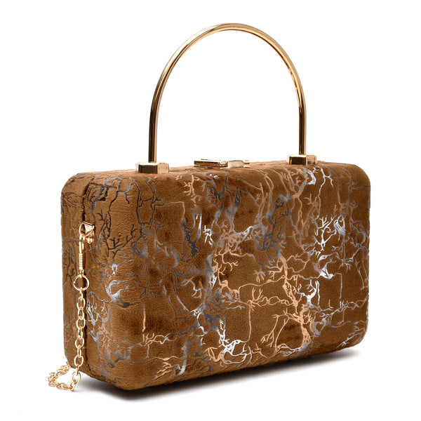 Velvet Women Wood Box Clutch (Mustard Brown)