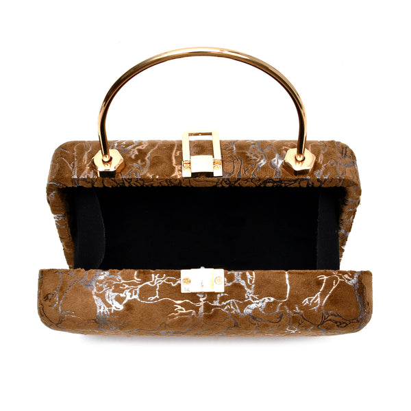 Velvet Women Wood Box Clutch (Mustard Brown)