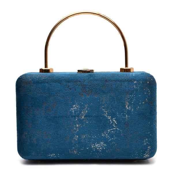 Velvet Women Wood Box Clutch (Navy Blue)