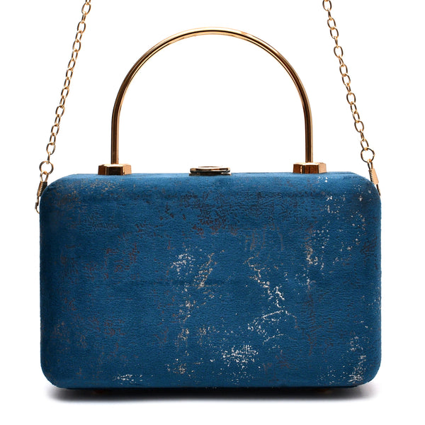 Velvet Women Wood Box Clutch (Navy Blue)