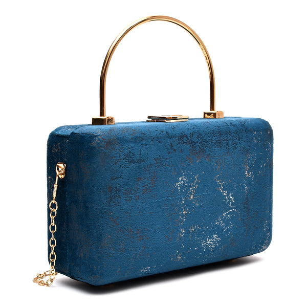 Velvet Women Wood Box Clutch (Navy Blue)