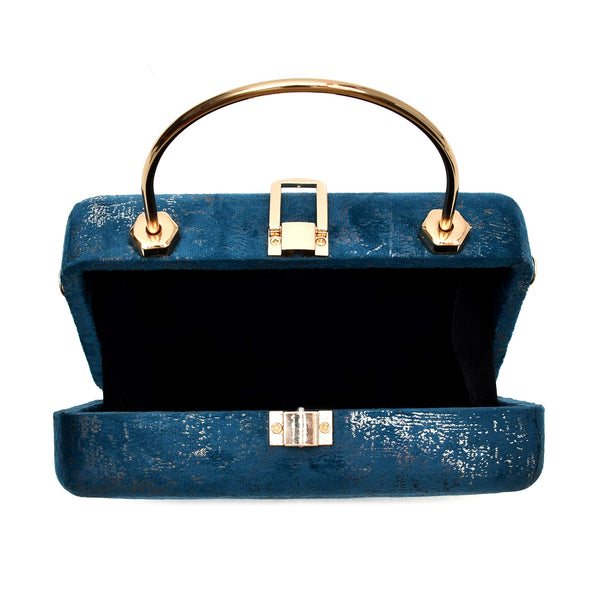 Velvet Women Wood Box Clutch (Navy Blue)