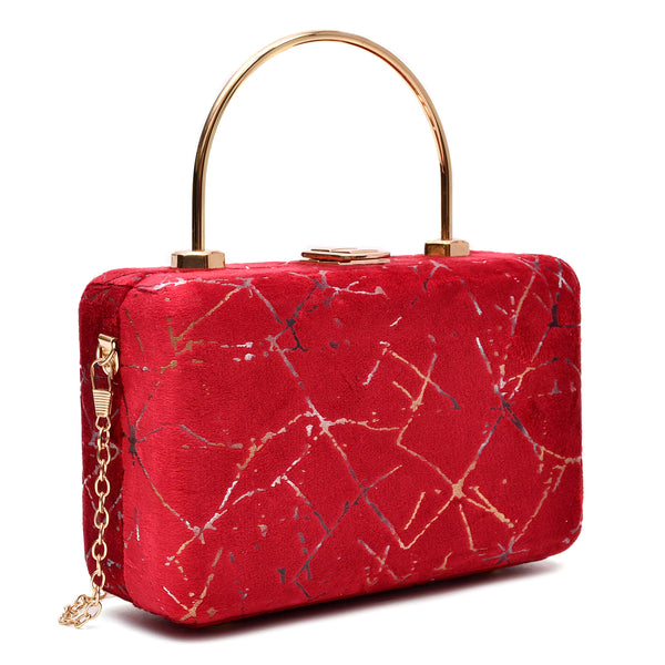 Velvet Women Wood Box Clutch (Red)